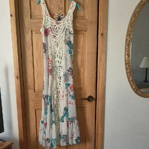 Free People Floral Lace Maxi Dress - Cream and Red